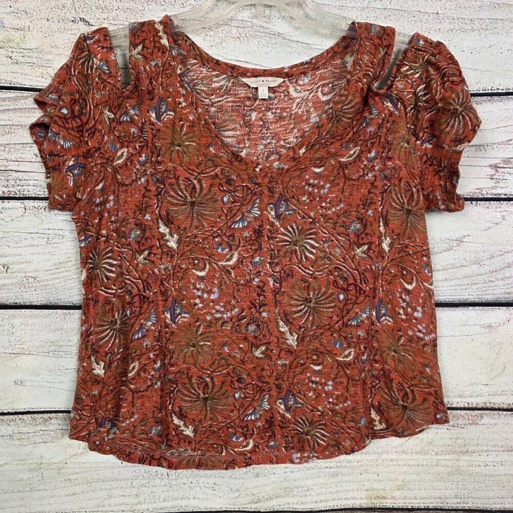 Lucky Brand Rust Floral Cold Shoulder Top S